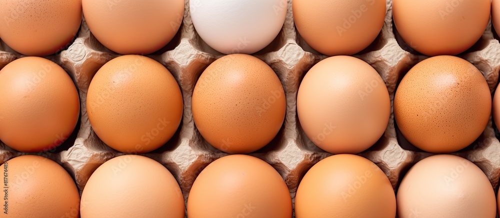 Poster close up of brown chicken eggs in an egg carton on a light background providing copy space for text 