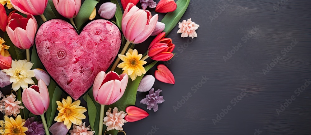Poster a top view image of tulips and gerbera flowers with a heart on a vintage background perfect for moth