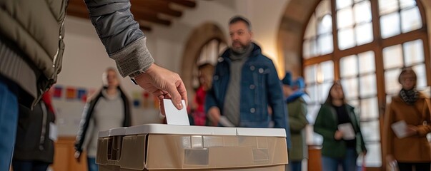 A hand inserting a vote into a ballot box, with the polling station active and the candidate engaging with voters on election day