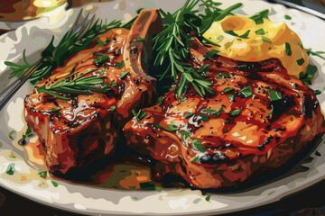 Two steaks served with fresh lemon wedges, ideal for food and restaurant concepts