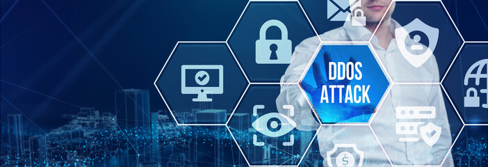 DDoS ATTACK inscription, online attack concept inscription, online security concept.