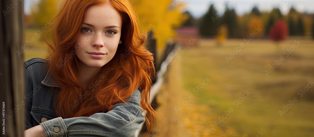 Sticker A red haired young girl posing near a fence on a pleasant fall day with a background suitable for adding additional images or text