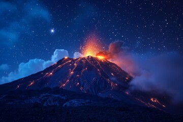 Volcano Erupting Under Starry Night Sky