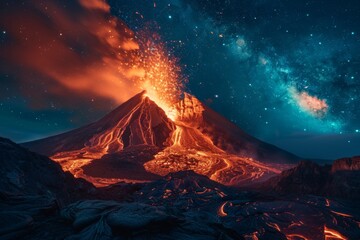 Volcano Erupting Under Starry Night Sky