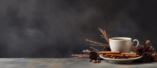 A copy space image of a cinnamon spiced cup of coffee adorned with cinnamon sticks and a pine cone set against a grey background - Powered by Adobe