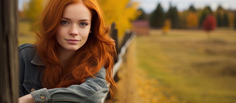 A red haired young girl posing near a fence on a pleasant fall day with a background suitable for adding additional images or text