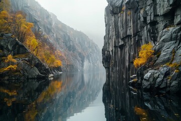 Autumn Landscape with Cliffs and Reflective Lake