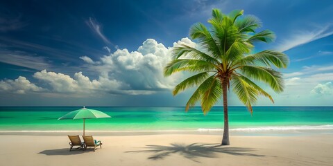 beach with palm trees Wallpaper sea, beach, sand, palm trees. rest at sea, blue ocean, background, art summer season