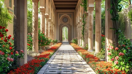 Fototapeta premium Enchanting Islamic Inspired Floral Garden Pathway with Ornate Arched Walkway and Lush Greenery