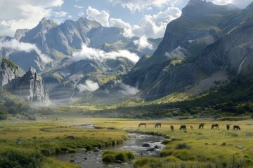 Mountain Valley with Grazing Horses and Zebra