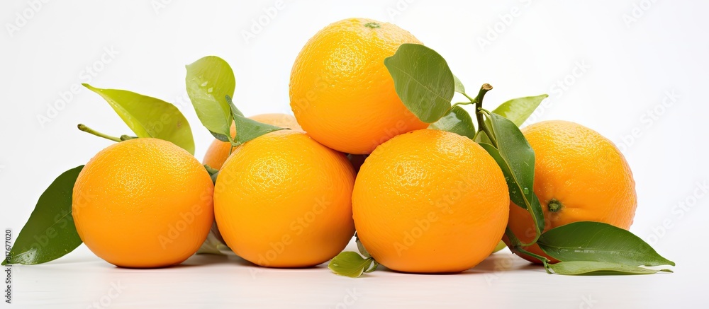 Poster copy space image of ripe oranges placed on a clean white background