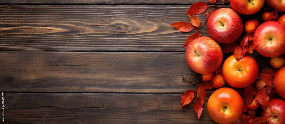 Poster a top view shows a rustic wooden table adorned with ripe red apples and raw orange pumpkins offering