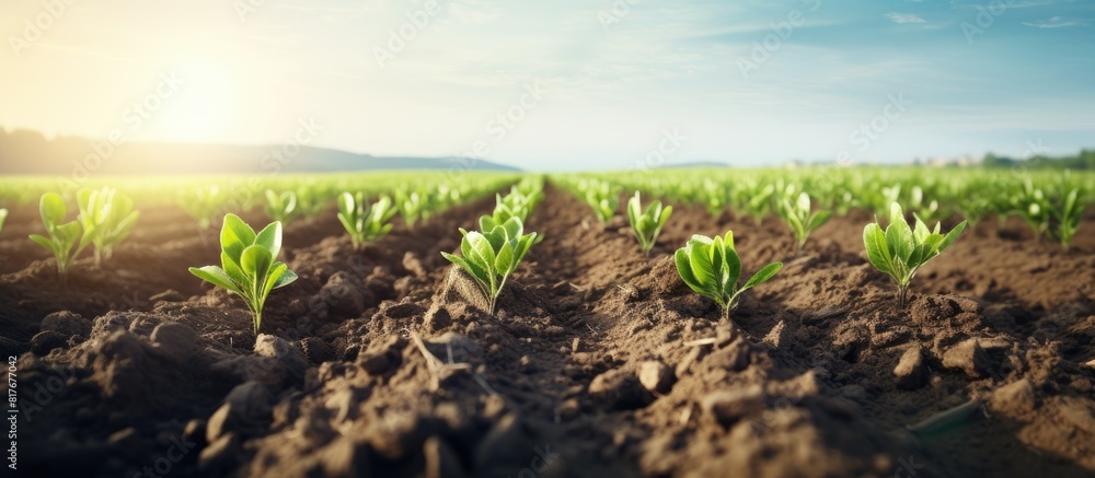 Poster rows of newly planted crops growing in the soil with plenty of space for copy images