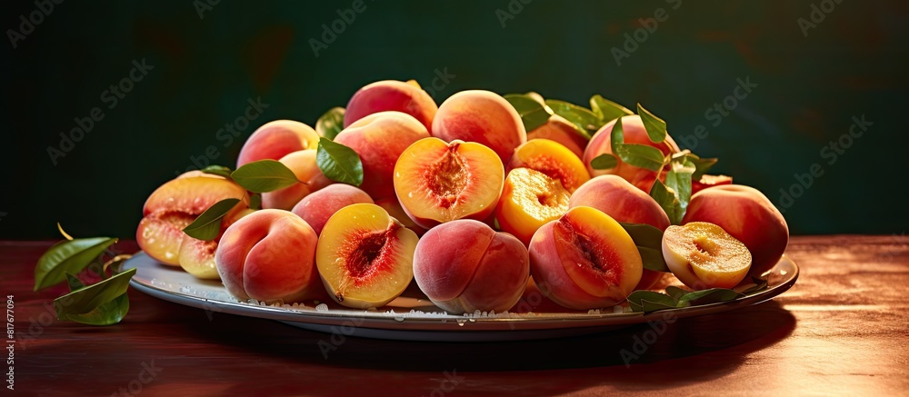 Poster a plate of succulent fig peaches perfectly ripe and enticing set against a food background leaving r