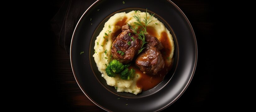 A top view of a plate with osso buco cross cut veal shank and mashed potato The dark background creates a copy space image