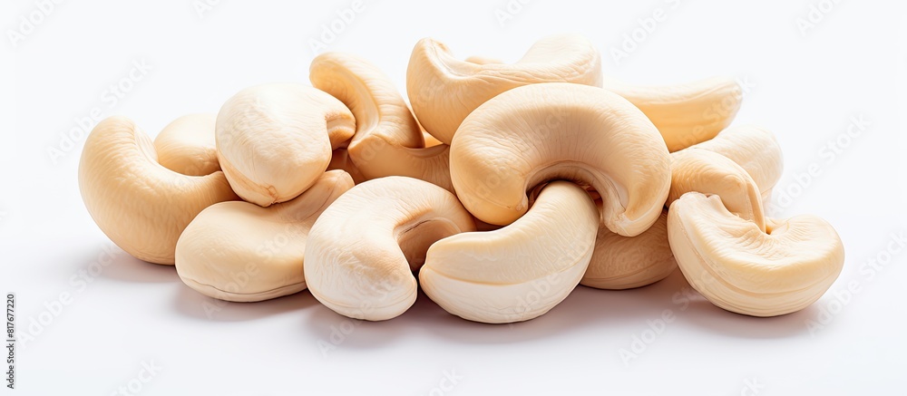 Poster close up of raw cashew nuts on a white background with copy space image