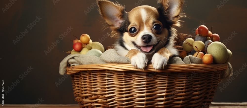 Poster a chihuahua with an adorable appearance happily occupying a basket of your choice copy space image
