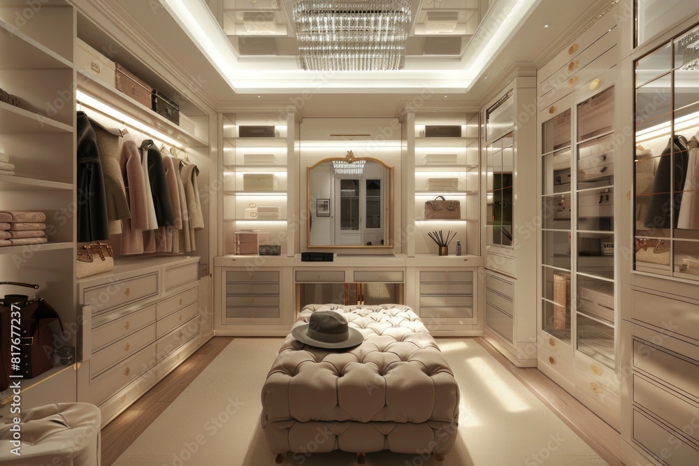 Poster A stylish walk-in closet with elegant bench and chandelier. Perfect for interior design projects