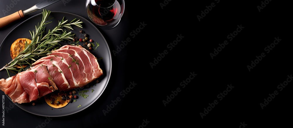 Poster top view of a copy space image featuring a plate of prosciutto garnished with rosemary accompanied b