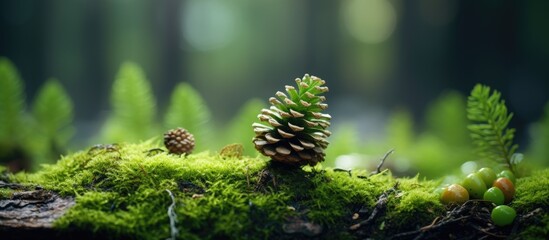 A moss covered pine cone lies on a background of bryophytes with copy space available