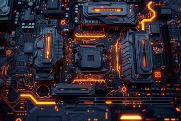 3D rendering of abstract computer circuit motherboard, for educational purposes, digital wallpapers, or tech project.