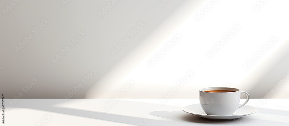 Poster an image of a coffee and white tabletop in a well lit space with a clean white floor. creative banne