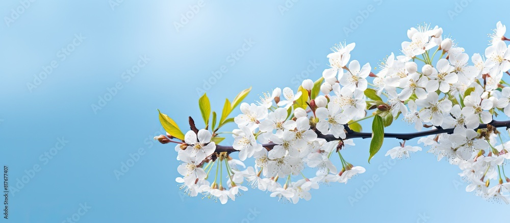 Poster copy space image of a flowering bird cherry tree branch against a serene blue sky in a beautiful spr