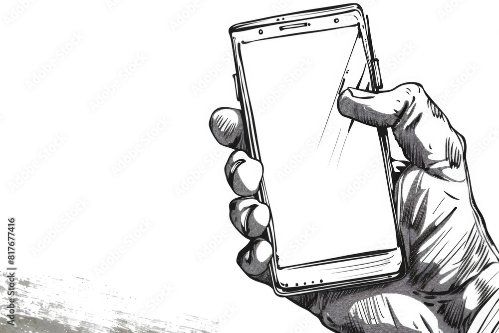 Poster Close-up of a hand holding a smartphone with a blank screen. Perfect for showcasing mobile app designs