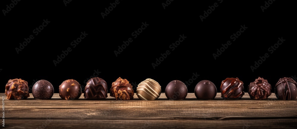 Aufkleber a line of delectable chocolate candies arranged on a rustic wooden table allowing room for a copy sp