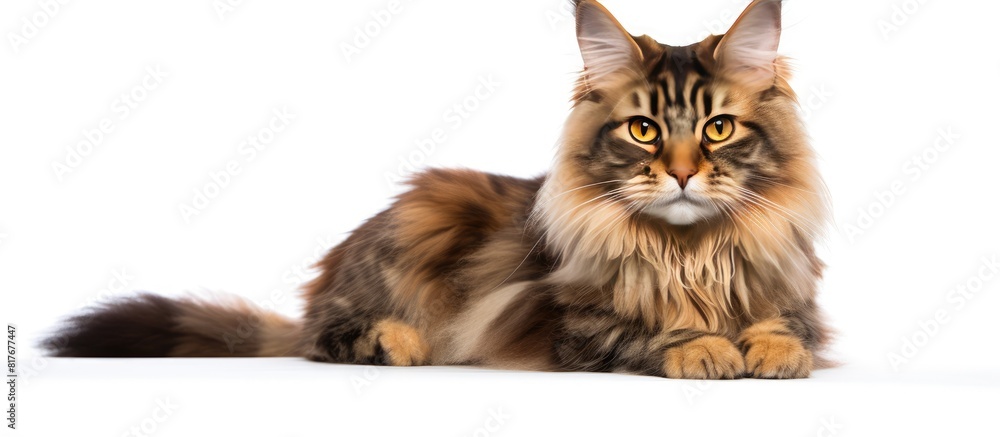 Poster a 7 month old maine coon cat resting in front of a white background perfect for a copy space image