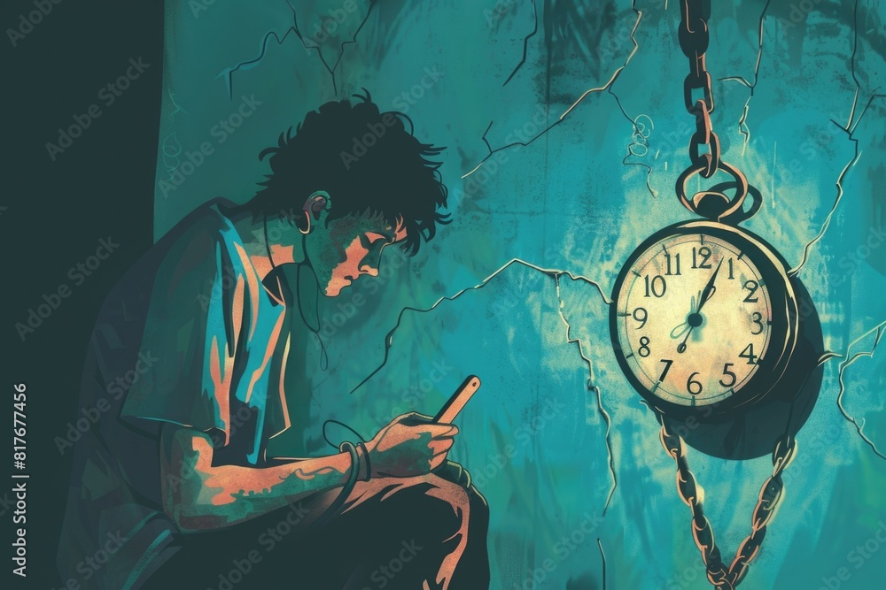 Poster a man sitting in front of a wall with a clock, perfect for time management concept