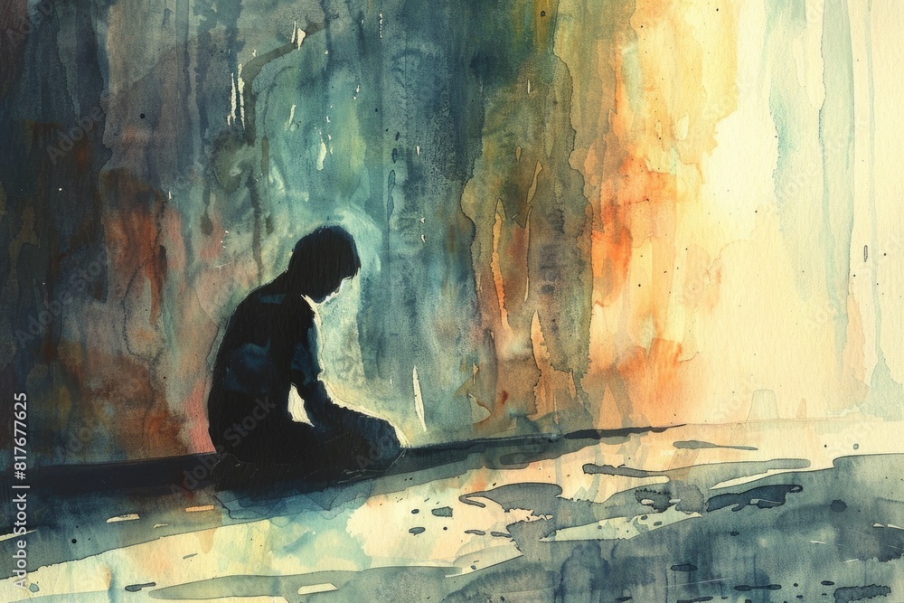 Poster a person sitting on a ledge, suitable for various concepts