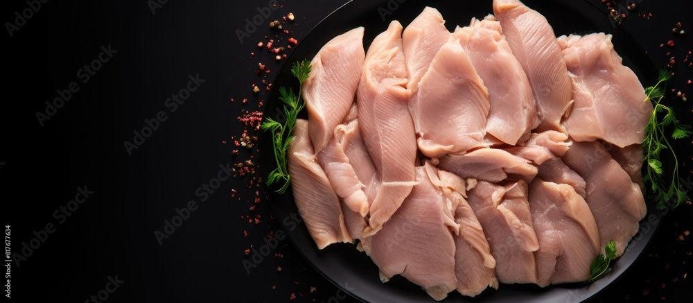 Poster Top view of diced raw chicken breast fillets arranged on a plate with a black background providing ample copy space for the image