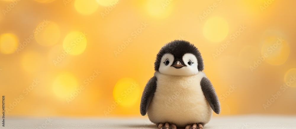 Poster cute little penguin made of felted wool sits on a yellow background with bokeh leaving space for a t