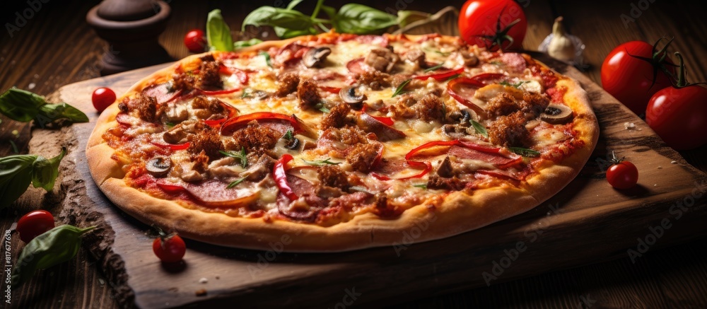Poster toned image of a delicious homemade pizza on a rustic wooden table with plenty of copy space
