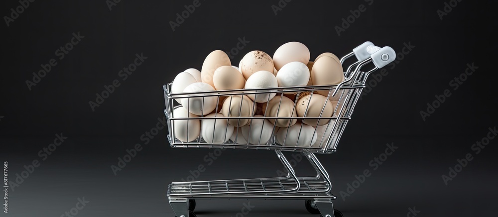 Aufkleber a high quality photo showing fresh chicken white eggs placed in a shopping trolley against a gray ba