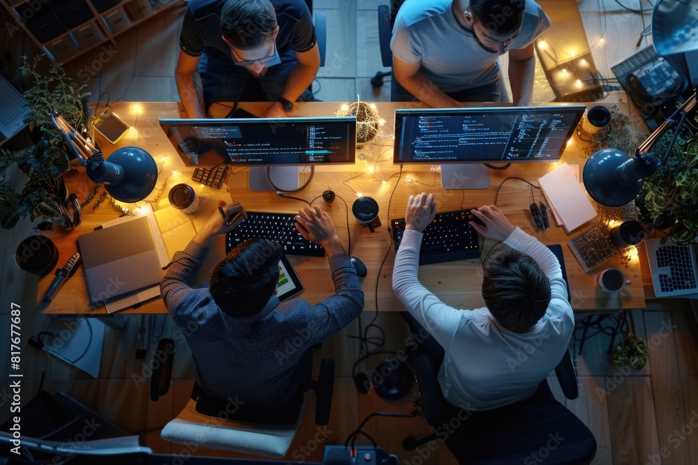 Poster A group of people sitting at a table with computers. Suitable for office and technology concepts