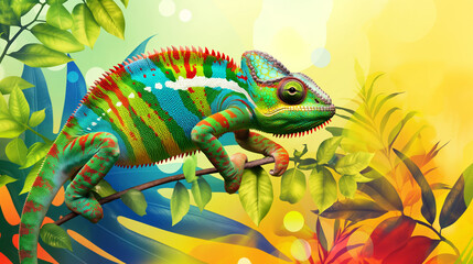 Colorful chameleon, creative art design background. Beautiful and cute reptile in vibrant colors. Tropical and exotic wildlife portrait of  a lizard on a branch.