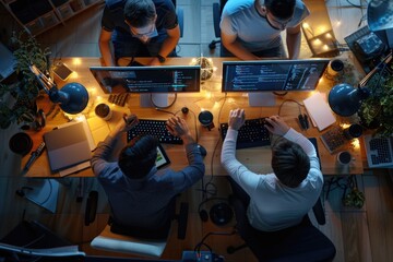 A group of people sitting at a table with computers. Suitable for office and technology concepts