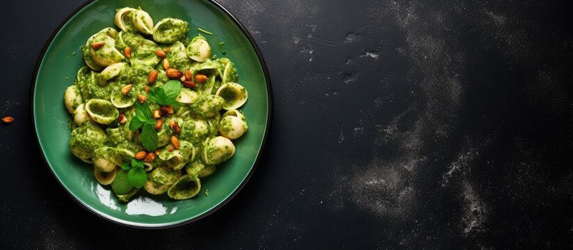 Italian Cuisine Vegan food Conchiglie pasta topped with spinach and green pea pesto Top view copy space image