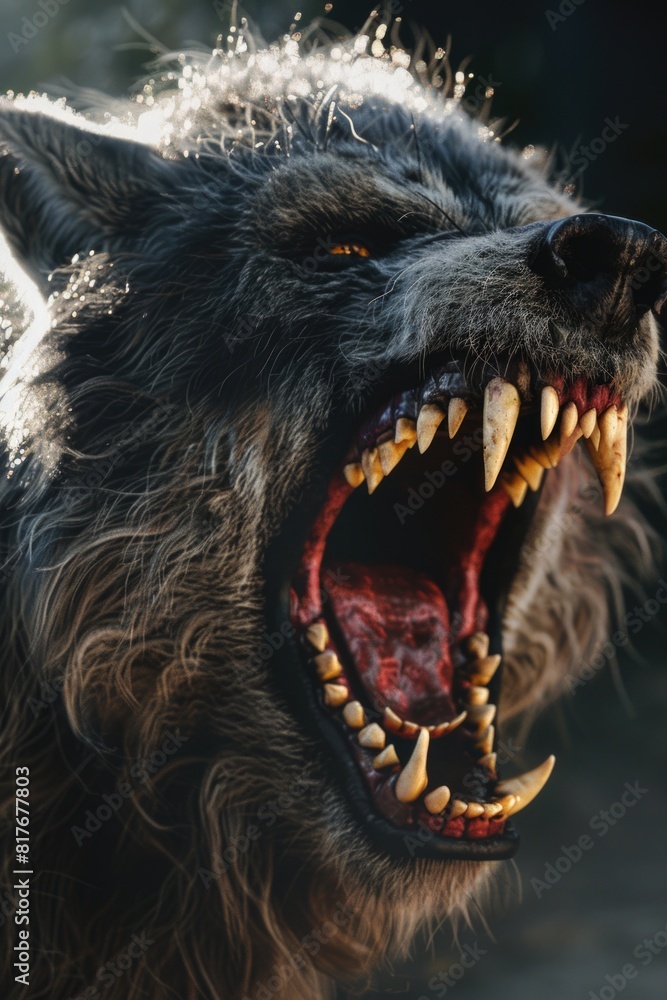 Poster a detailed view of a wolf displaying its teeth. suitable for wildlife themes