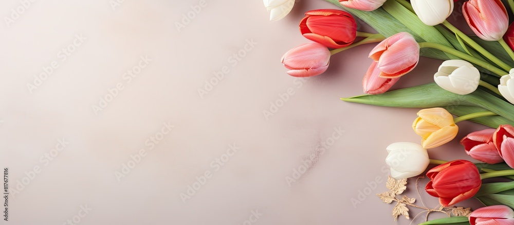 Leinwandbilder Flat lay of a festive Easter table setting adorned with gorgeous tulips and willow branches providing ample copy space for text