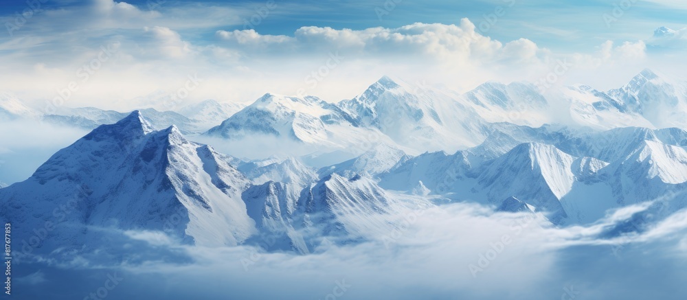 Aufkleber Snow covered mountains with falling snow Copy space image