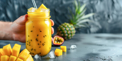 Delicious and refreshing mango smoothie served in a mason jar, garnished with a slice of pineapple, mint leaves, and surrounded by fresh mangoes, passion fruit, and ice cubes on a dark background.