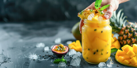 Delicious and refreshing mango smoothie served in a mason jar, garnished with a slice of pineapple, mint leaves, and surrounded by fresh mangoes, passion fruit, and ice cubes on a dark background.