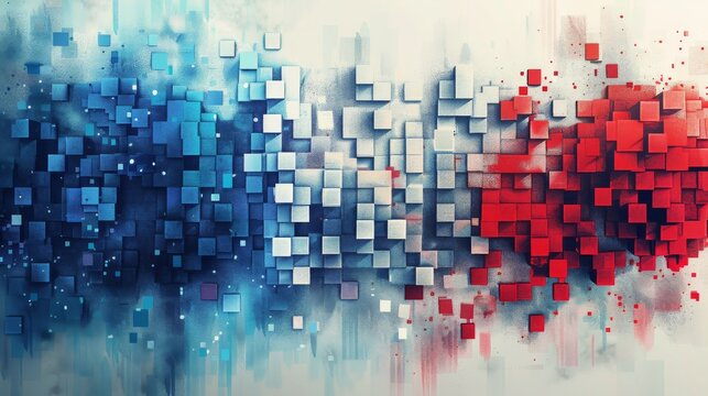 Pixel art of the France flag as a mosaic of blue, white, and red squares. Colorful dynamic cubes