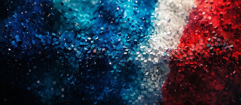 Pixel art of France flag as a mosaic of blue, white, and red squares. Wide banner with copy space