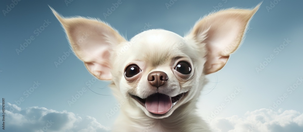 Poster A small white dog with big ears and its tongue hanging out creating a funny appearance The image has sufficient copy space