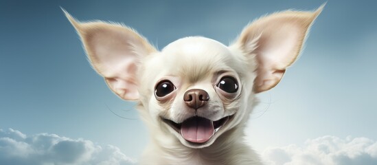 A small white dog with big ears and its tongue hanging out creating a funny appearance The image has sufficient copy space