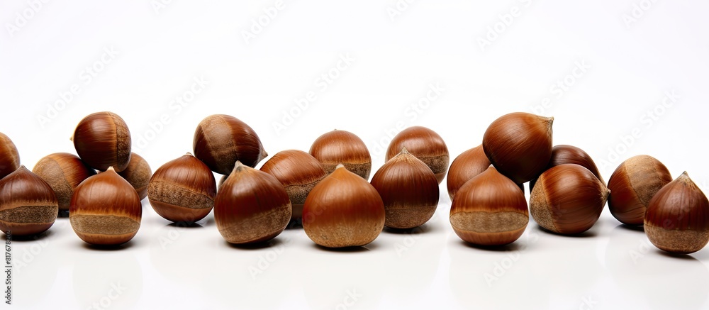Poster a captivating copy space image featuring a collection of isolated brown acorns against a pristine wh